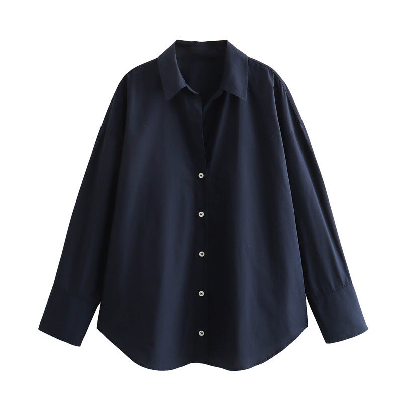 Autumn Women Clothing Printed Silk Satin Texture Drape Shirt Navy Blue