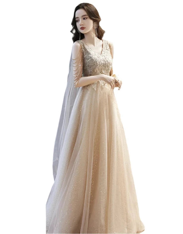 Champagne Glitter V-neck Prom Party Evening Dress/Gown