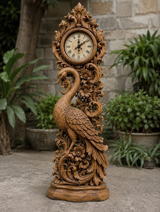 Hand-Carved Wooden Grandfather Clock 60 Inch with Peacock Design | Antique Brown Hardwood Floor Clock for Living Room, Foyer & Gifting