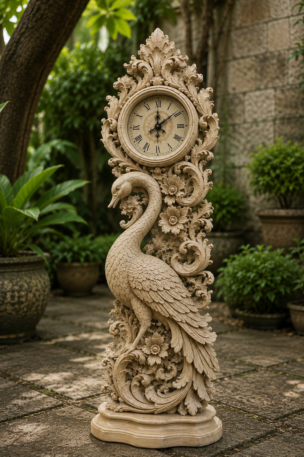 Hand-Carved Wooden Grandfather Clock 60 Inch with Peacock Design | Antique Brown Hardwood Floor Clock for Living Room, Foyer & Gifting