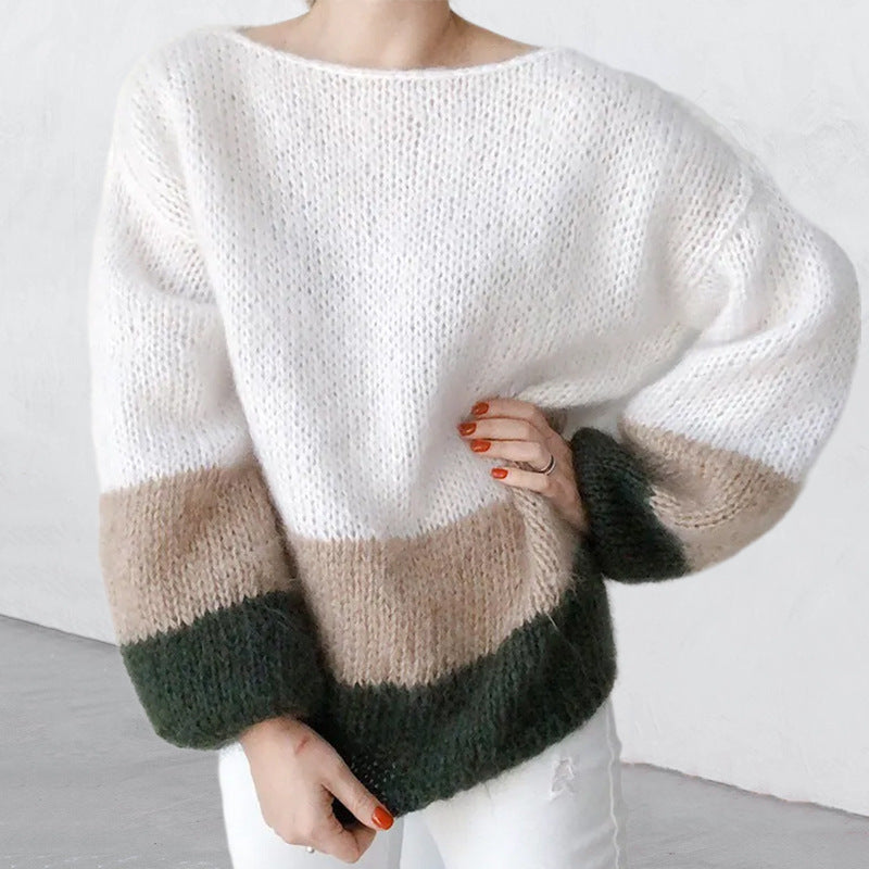 New Autumn And Winter Temperament Commute Color Matching Knitted Sea Furry Sweater