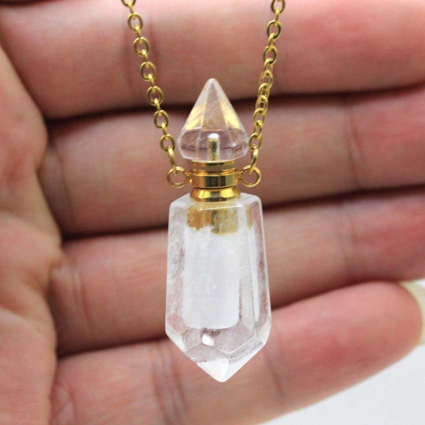 Natural Crystal Perfume Bottle Spiked Hexagon Necklace White crystal