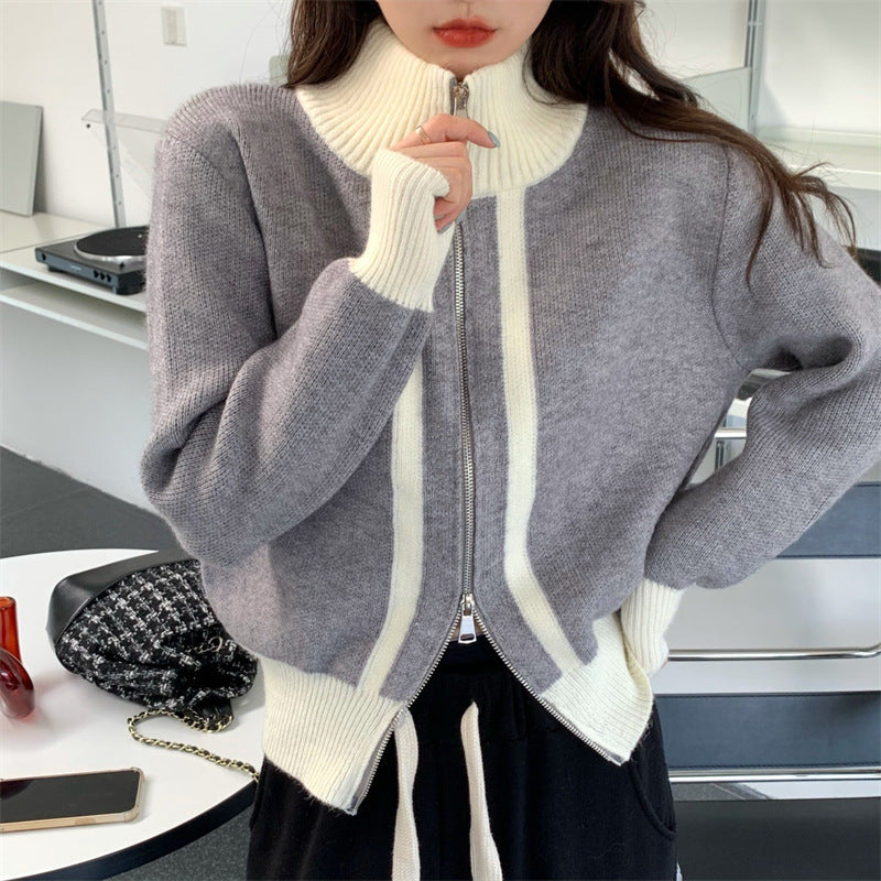 Women's Loose Temperament Korean-style Stand Collar Cardigan Gray Free Size