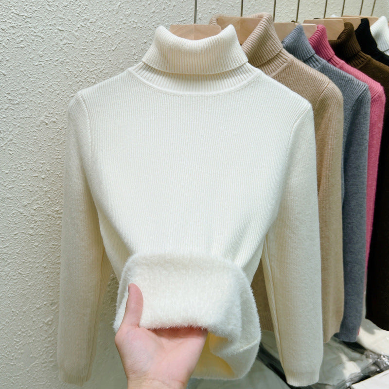 Fleece-lined Thickened Autumn And Winter Turtleneck Sweater Slim Fit Warm Apricot Free Size Viscose