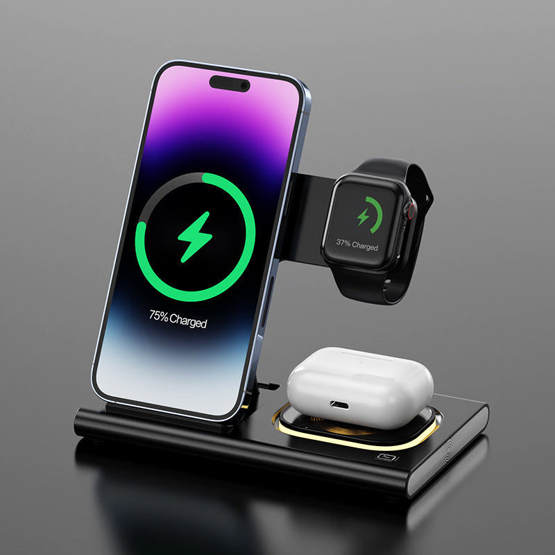 3 IN 1 15W Wireless Charging Charger Magnetic Desktop Night Light/watch Fast Charging Stand Black