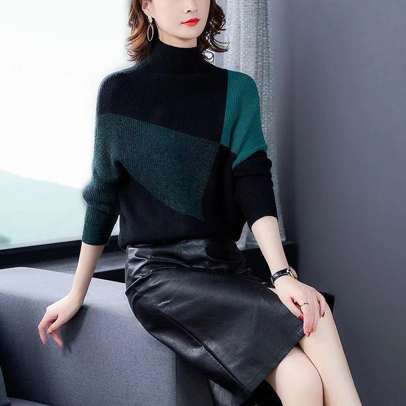 Women's Loose High Collar Color Matching Sweater Green