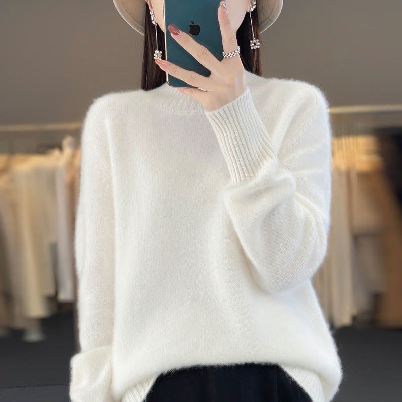 Women's Half Turtleneck Keep Warm Pure Color Cashmere Warm White Wool