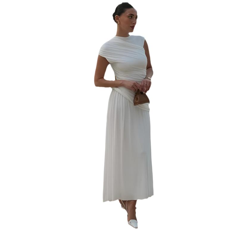 Pleated Round Neck Sleeveless Irregular Women's Party Dress White Polyester