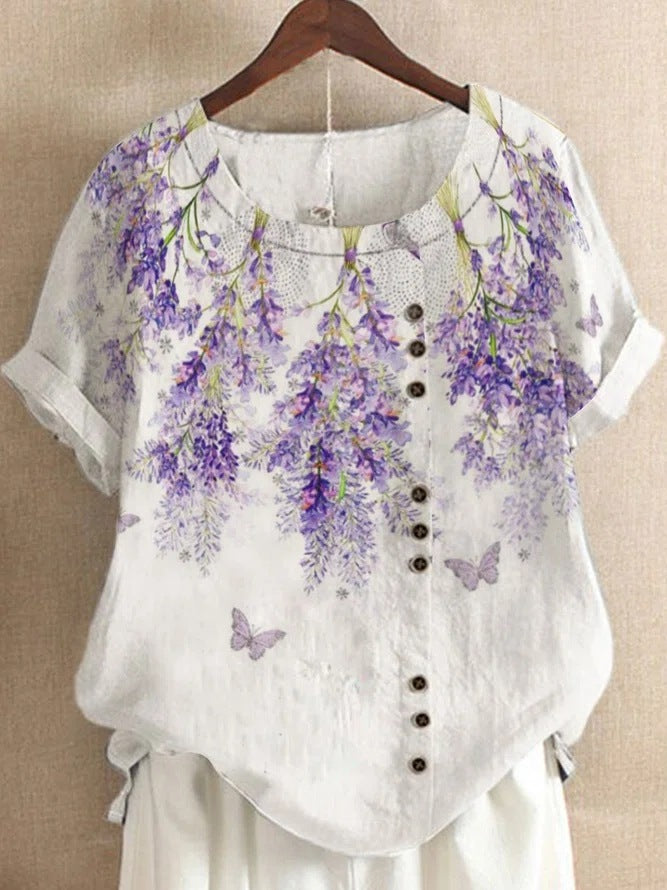 Retro Cotton And Linen Printed Loose Casual Shirt Short-sleeved T-shirt For Women Lavender 6