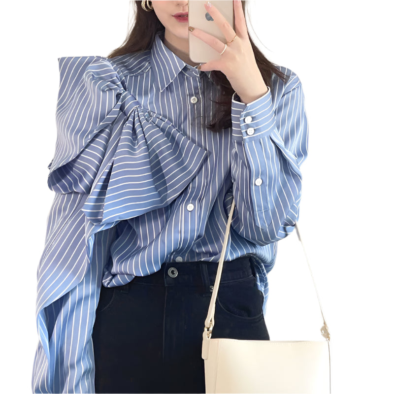 Casual Blue Striped Shirts For Women Lapel Long Sleeve Korean Bowknot Patchwork Blouses