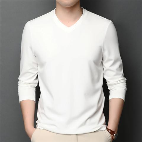 Silk T-shirt Men's Ice Silk Long-sleeved Thin V-neck Silk Bottoming Shirt White Silk