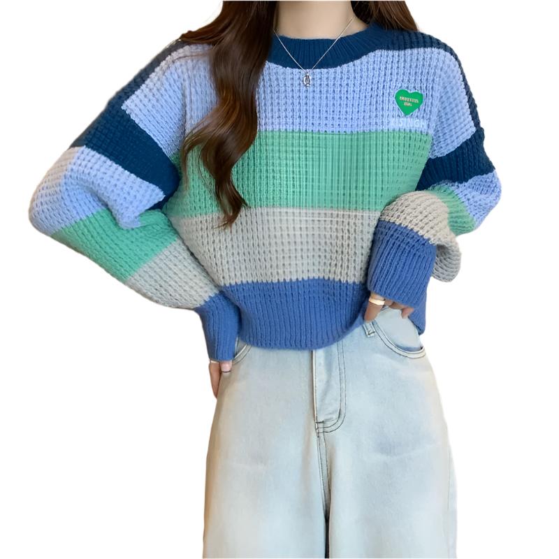 Loose Color Matching Knitwear Pullover Stripe Rainbow Sweater For Women Blue Free Size Acrylic Fiber