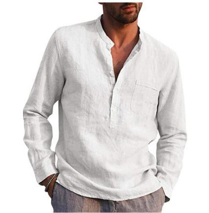 Men Vintage White Shirt Button Linen Shirts White