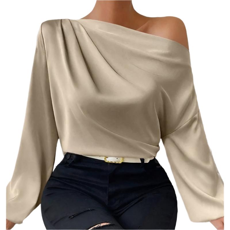 Women's Shoulder Long-sleeved T-shirt Asymmetric Pullover Top Apricot