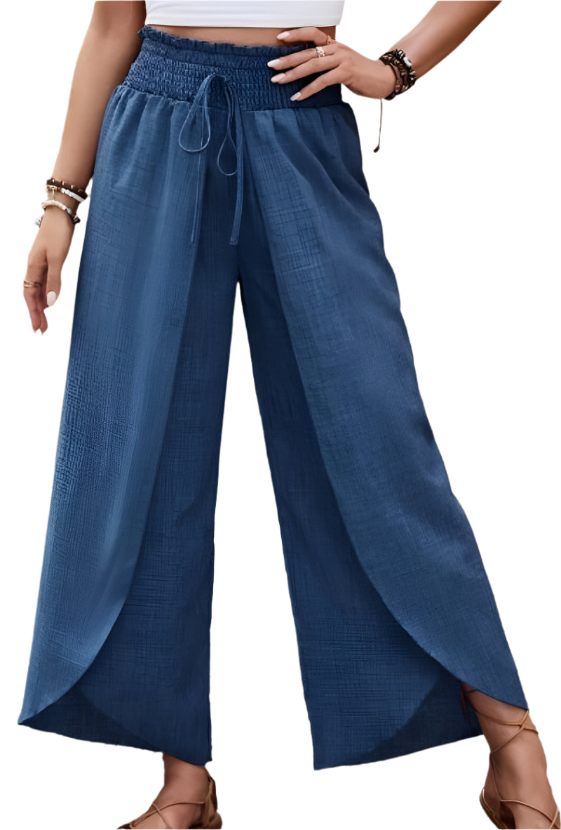 Stylish Shirred Waist Wide Leg Pants - Comfortable Vacation Style Layered Pants For Spring & Summer Blue