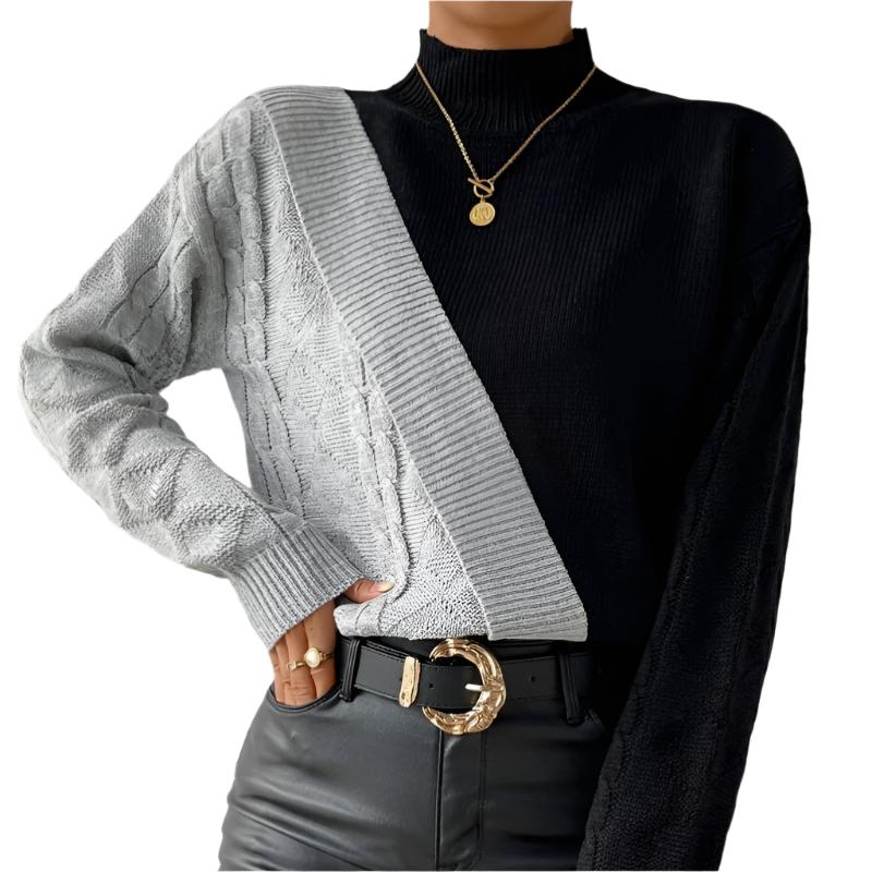 European And American Spring And Autumn Women's Half Turtleneck Pullover Cable-knit Sweater BlackGray Acrylic