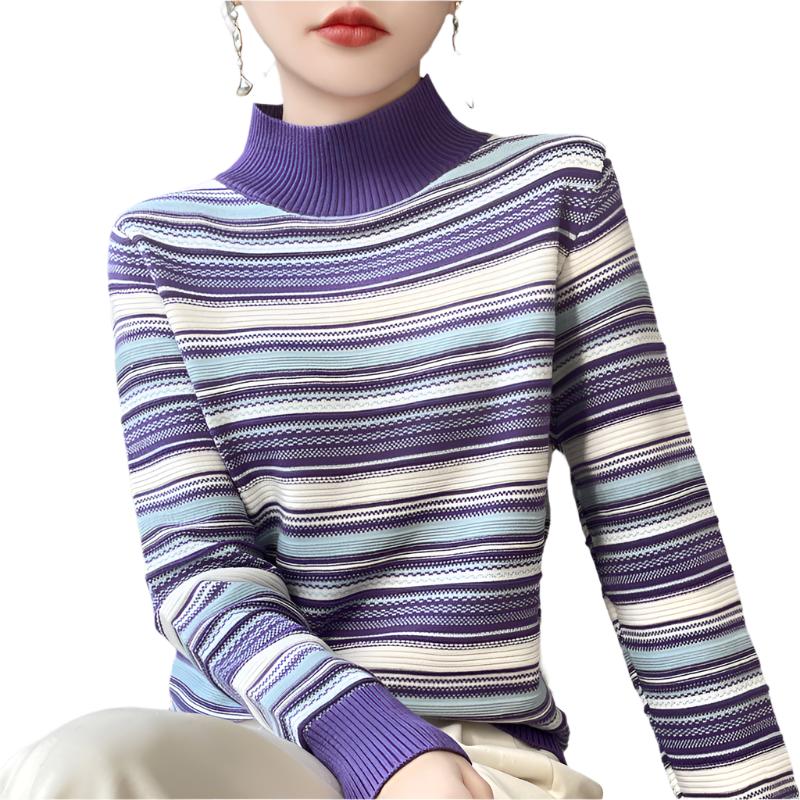 Mock-neck Stripes Wool Knitted Pullover Thick Sweater Purple Wool