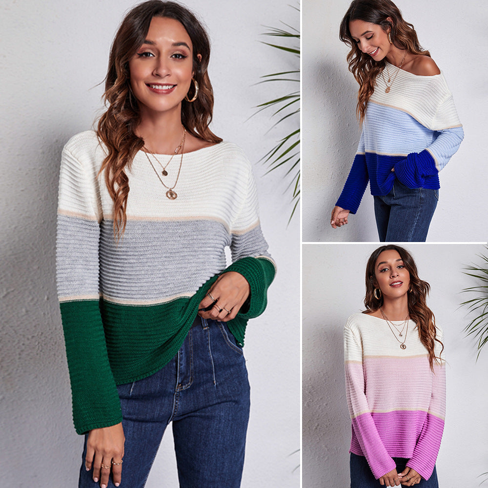 Contrast Color Large Striped Off-neck Knitted Sweater