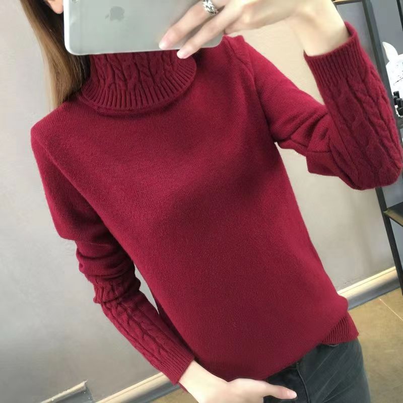 Turtleneck Cable-knit Pullover Thickened Slim Fit Slimming Sweater Wine Red Polyester