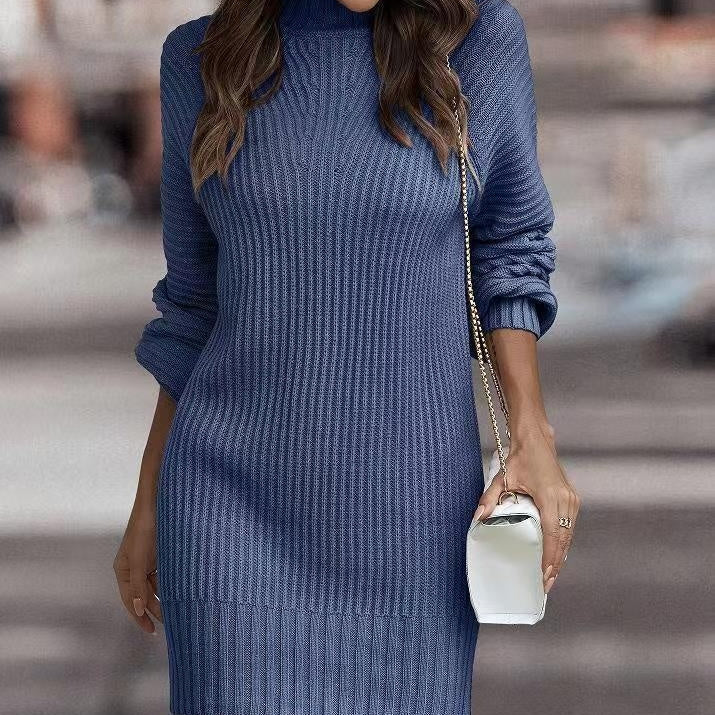 Turtleneck Sweater Women's Long Sleeve Knitwear Dress Women's Clothing Blue Acrylic Fiber