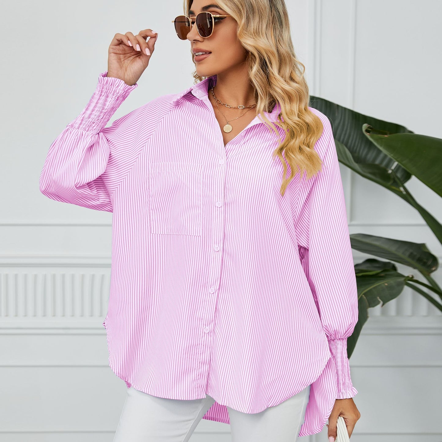 Cuff Pleating Loose Striped Top Women's Shirt Pink