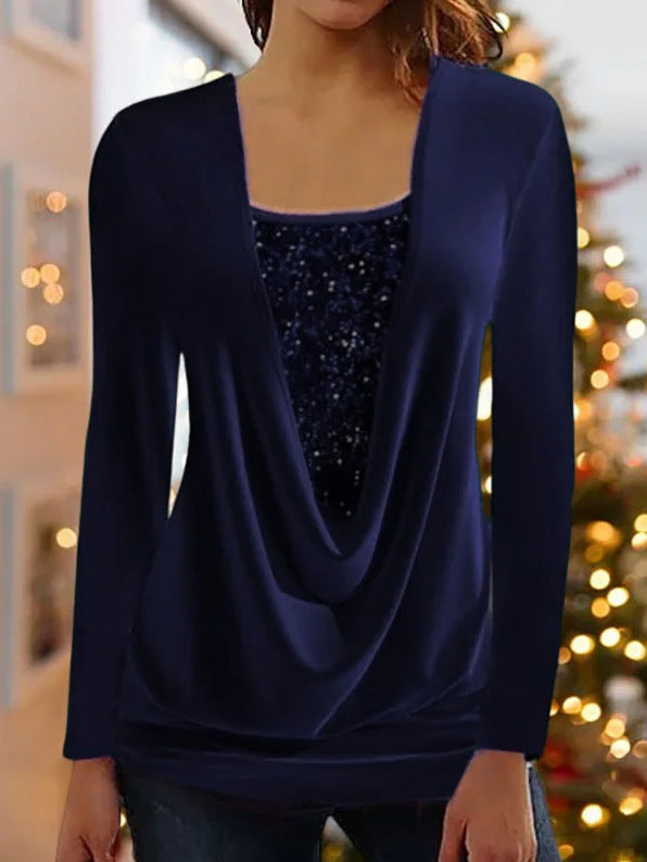 Pure Color Sequins Stitching U-neck Long-sleeved Elegant Casual T-shirt Top Navy Blue