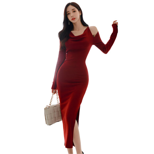 Off-the-shoulder Knit Split Long Gown Dress Wine Red