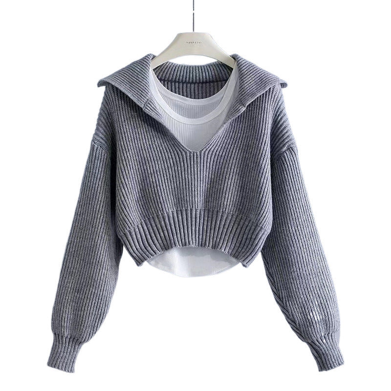 Sailor Collar Thick Loose Short Sweater Gray