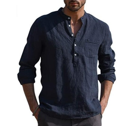 Men Vintage White Shirt Button Linen Shirts Navy Blue