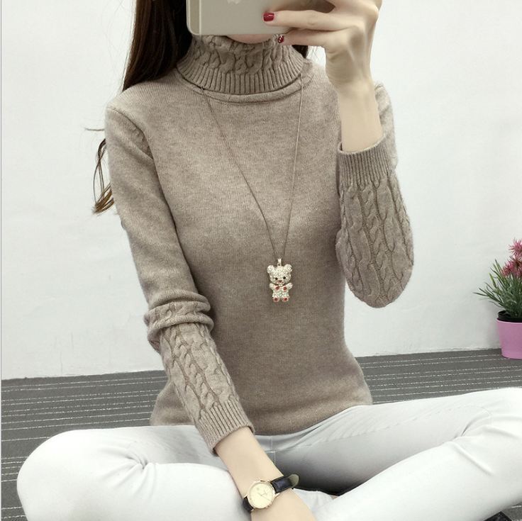 Turtleneck Cable-knit Pullover Thickened Slim Fit Slimming Sweater Khakhi Polyester