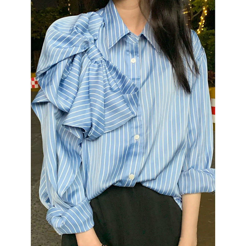 Casual Blue Striped Shirts For Women Lapel Long Sleeve Korean Bowknot Patchwork Blouses Blue