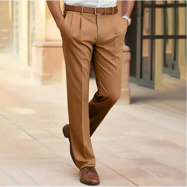 Men's Casual Suit Pants Fashion Trousers Mid Waist Straight Long Pants For Office Business Formal Light Brown