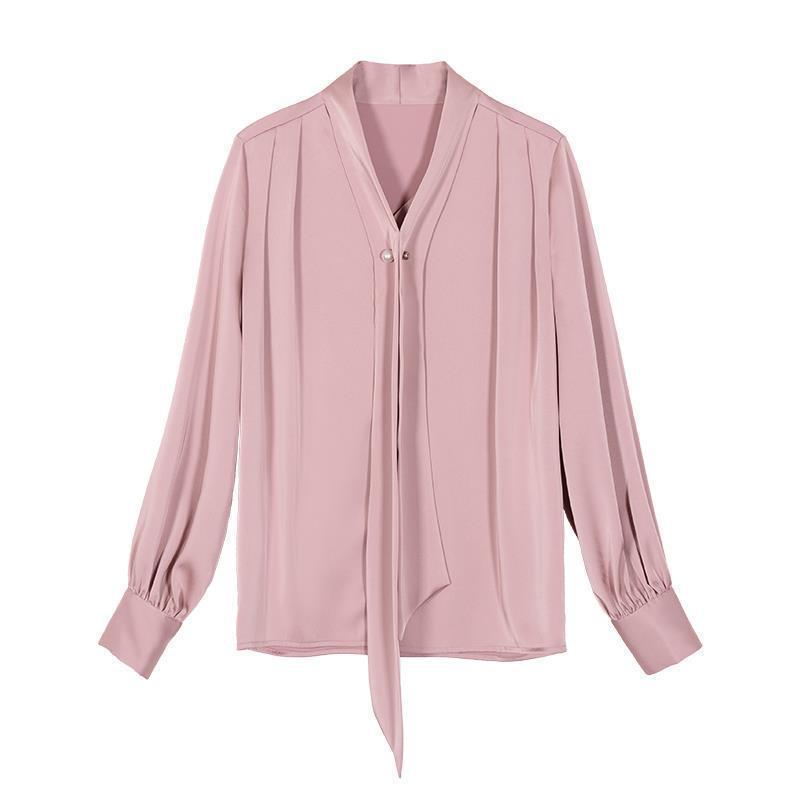 Satin Tie-neck Long Sleeve Shirt Simple All-match Tops