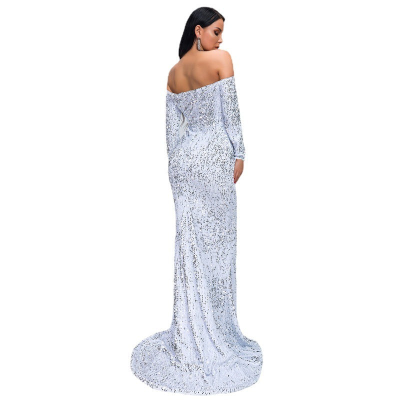 Strapless Long Sleeve Sequins Party Evening Dress