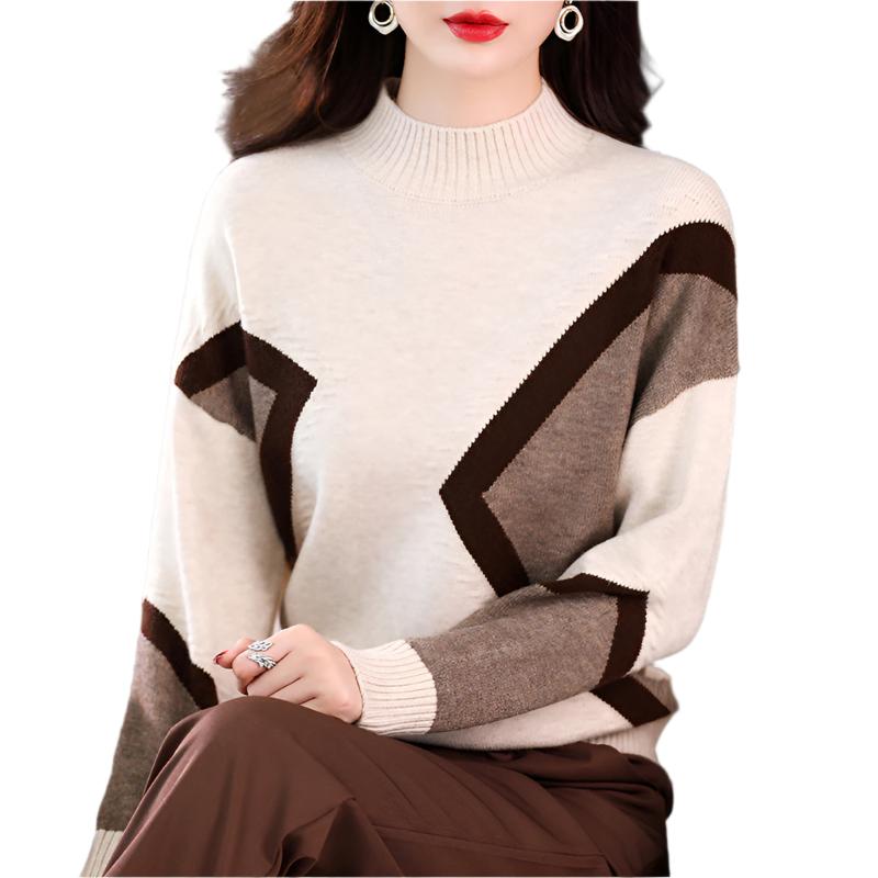 Women's Half Turtleneck Loose-fitting Versatile Sweater Color Matching Knitted Bottoming Shirt