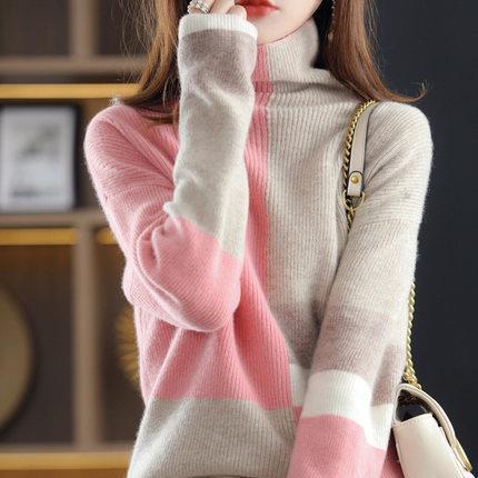 New High-necked Color-block Loose Slouchy Sweater Pink One size