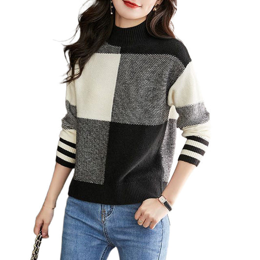 Fashion Colorblock Western Style Youthful-looking Loose Slimming Bottoming Shirt Black Wool