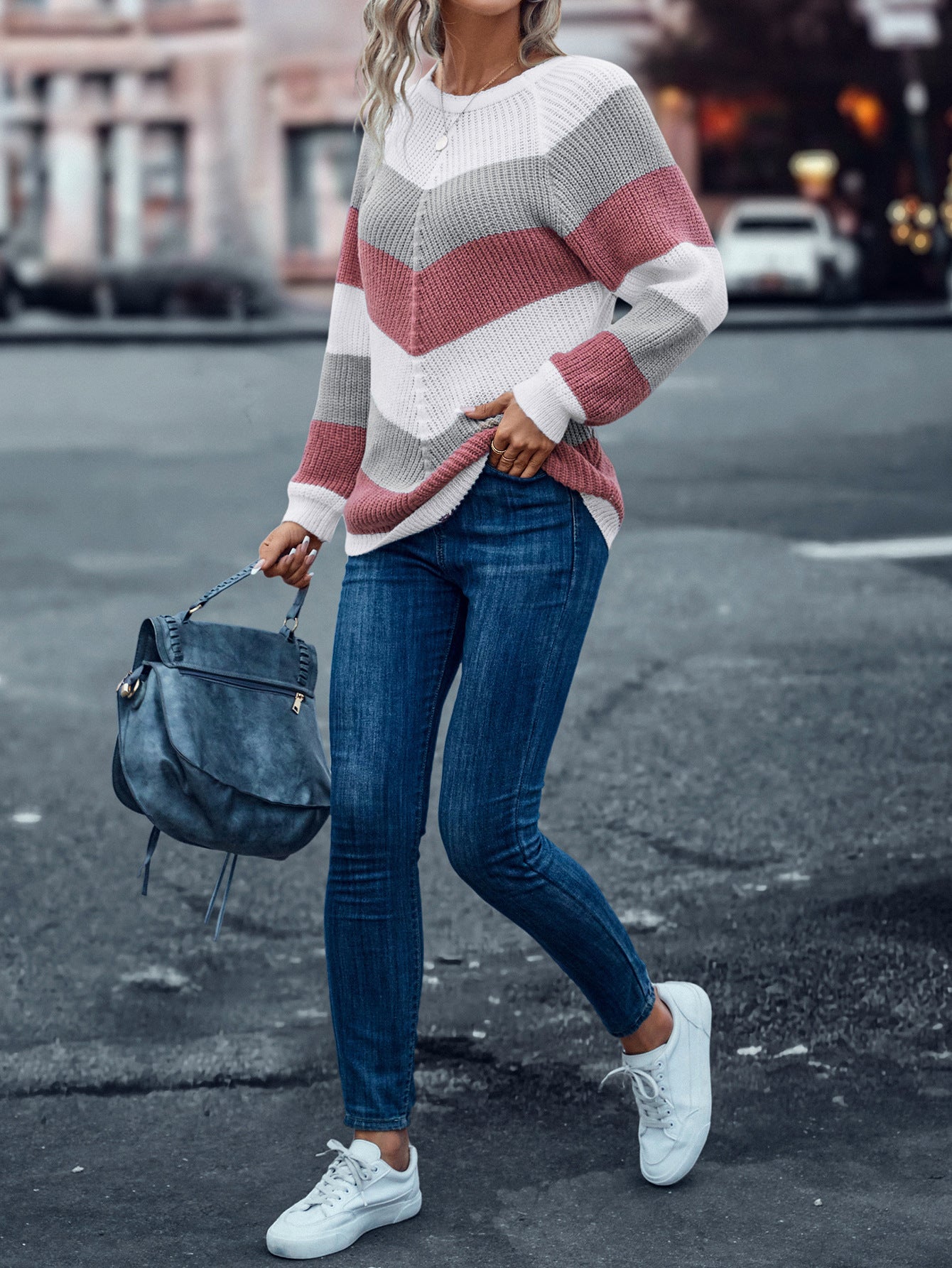 Striped Crew Neck Casual Sweater For Women