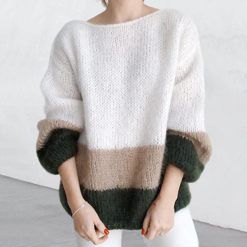 New Autumn And Winter Temperament Commute Color Matching Knitted Sea Furry Sweater Khaki