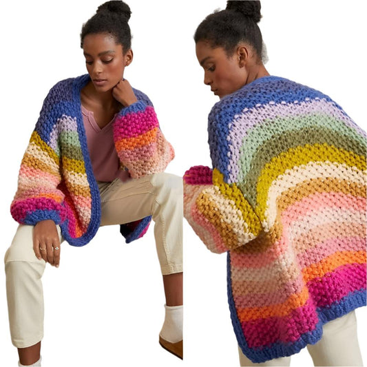 Handmade Rainbow Striped Contrast Color Thick Needle Sweater Coat Yellow Free Size Polyester