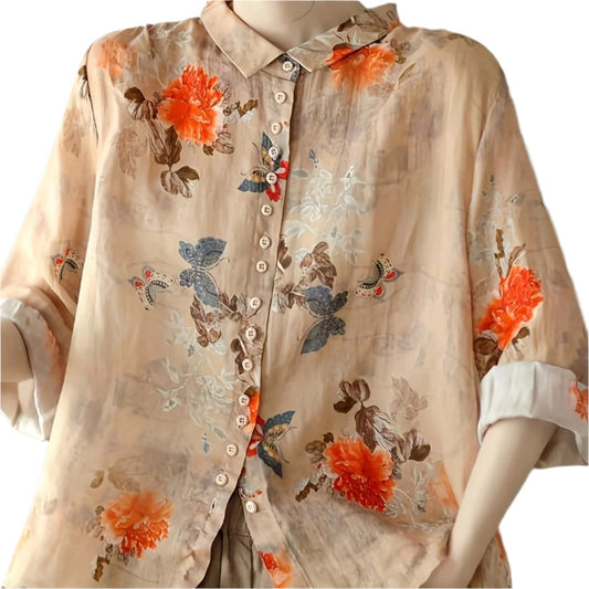 Vintage Flower Print Fashion Shirt Top Women's Western