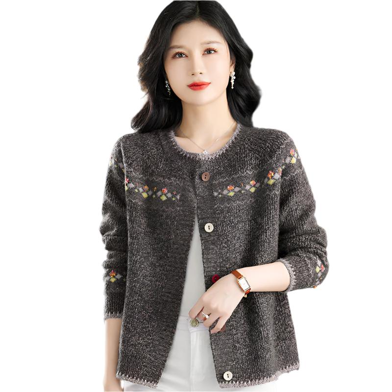 Knitted Cardigan Round Neck Short Loose Sweater Gray