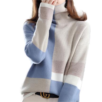 New High-necked Color-block Loose Slouchy Sweater Blue One size