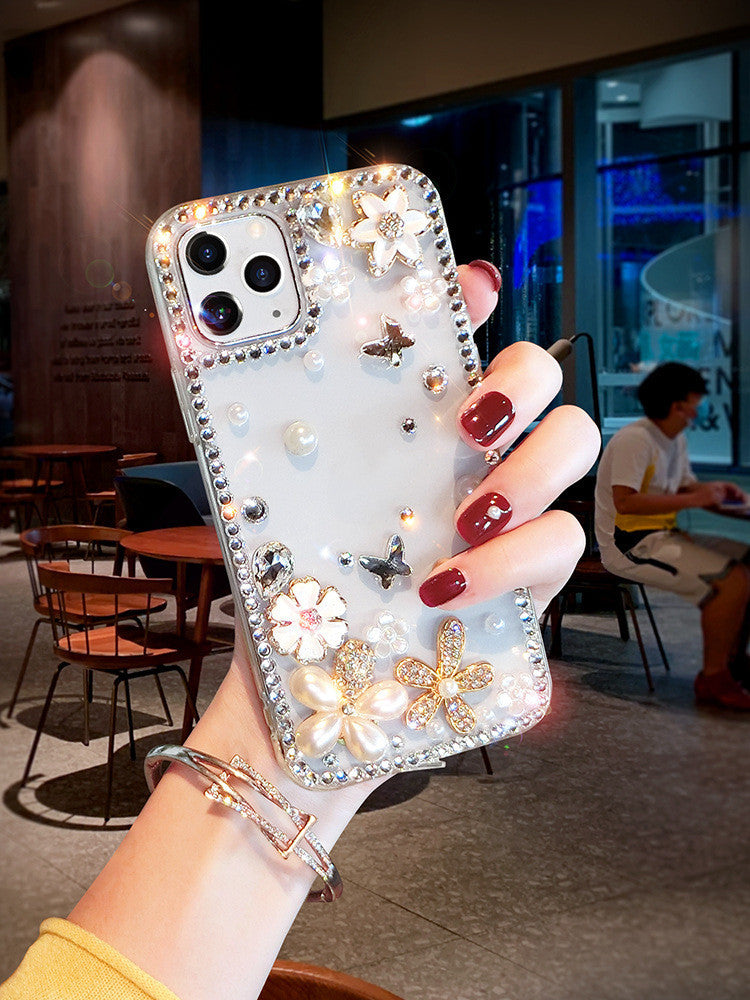 Mobile Phone Case Creative Perfume Bottle Rhinestone Flowers Transparent Rhinestone flowers