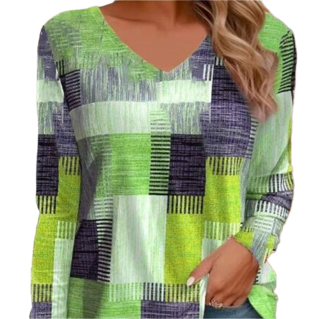 Long Sleeve 3D Digital Printing Geometric Pattern Casual V-neck Loose Holiday T-shirt For Women