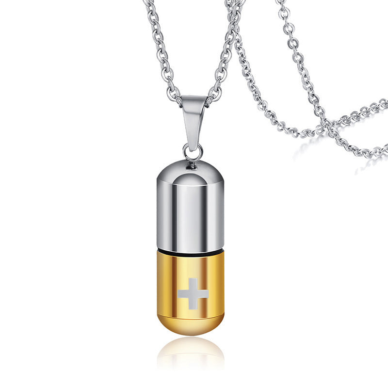 Stainless Steel Cylindrical Perfume Bottle Pendant Steel Gold With Chain