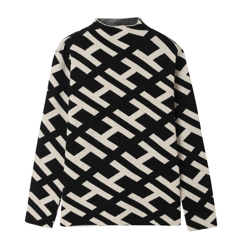 Monogram Sweater Fancy Jacquard Top Black and white