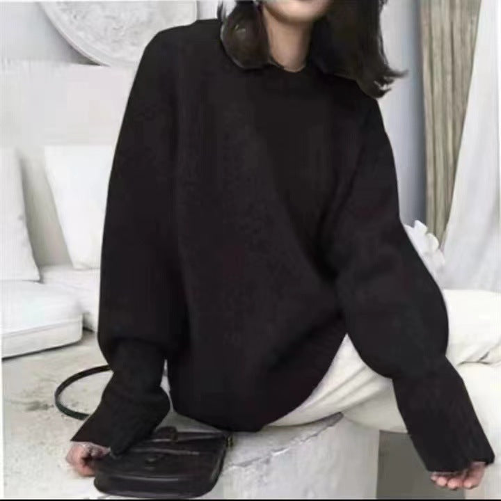 Women's Round Neck Loose And Idle Solid Color Sweater Black Wool