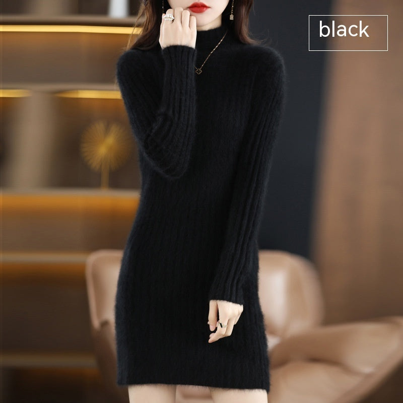 Autumn And Winter Artificial Mink Cashmere Sweater Women's Half Turtleneck Slim Fit Slimming Black Free Size Polyester