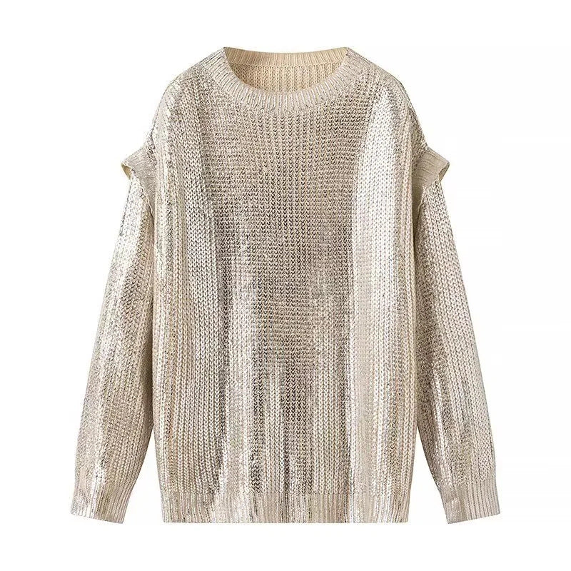 Women's Fashion Long Bronzing Round Neck Sweater Beige Gold Polyester